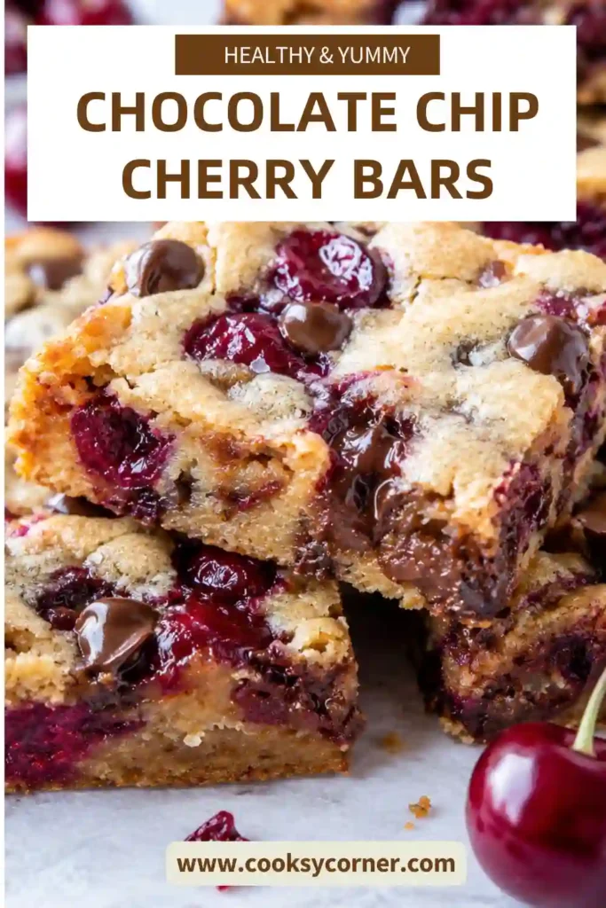 Freshly baked cherry chocolate chip bars cut into squares with chunks of juicy cherries and melted chocolate throughout. The blondies have golden tops and soft, buttery centers.