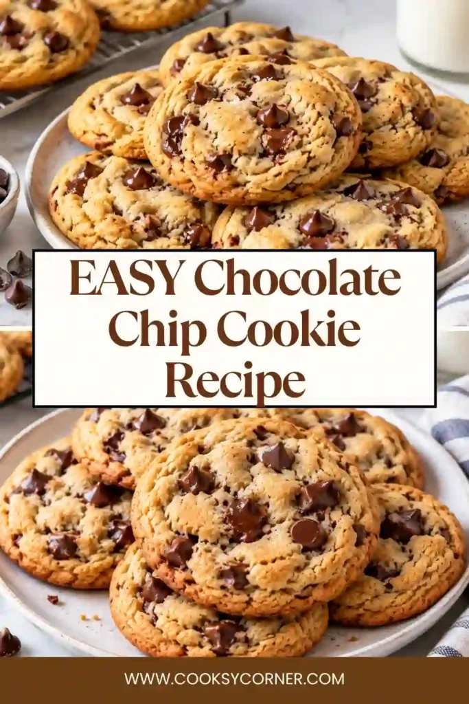 Homemade chocolate chip cookies baked until lightly golden with gooey chocolate chips throughout. Each cookie has a soft center and slightly crisp buttery edge.