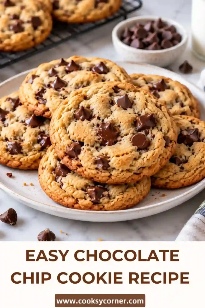 Soft chocolate chip cookies stacked on a cooling rack with plenty of melted semi-sweet chocolate chips. The cookies have lightly browned edges and tender chewy centers.