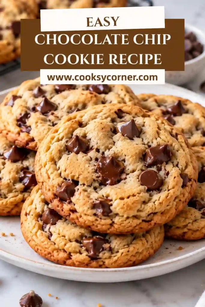 Chocolate Chip Cookie Recipe featuring freshly baked cookies with golden edges, soft centers, and melted chocolate chips. The homemade cookies have a thick, chewy texture and classic buttery appearance.
