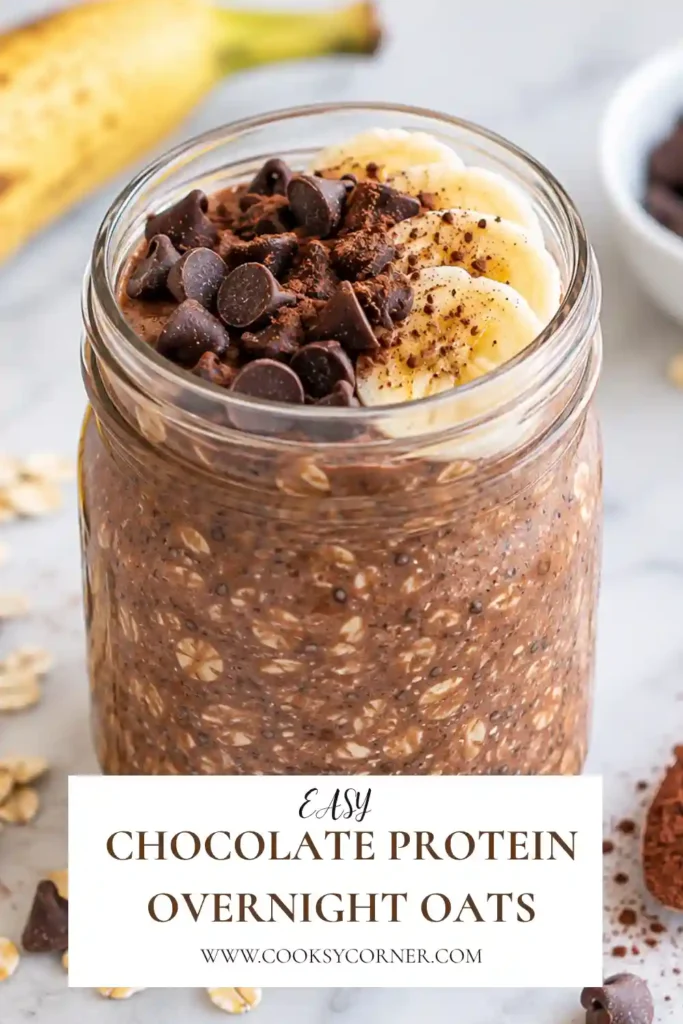 Two jars of chocolate protein overnight oats prepared as individual breakfast servings. Each jar contains creamy chocolate oats made with almond milk and protein powder.