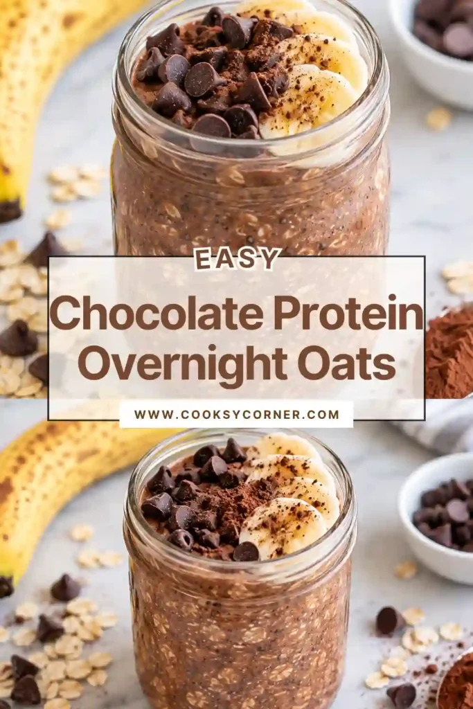 Close-up of creamy chocolate overnight oats with visible softened rolled oats. The rich chocolate mixture has a smooth, thick texture.