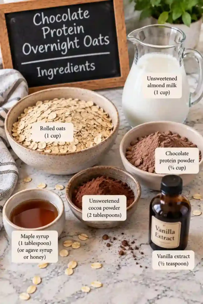 Chocolate protein overnight oats served in a breakfast bowl with a creamy texture. The thick chocolate oats are made with rolled oats, cocoa powder, and almond milk.