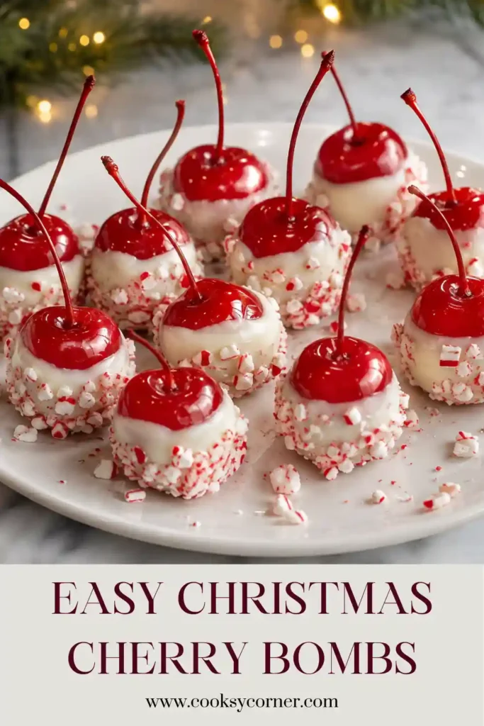 Peppermint chocolate-covered cherries arranged on a holiday dessert tray with glossy red fruit, white chocolate, and crushed red-and-white peppermint. These easy Christmas cherry treats require no baking.