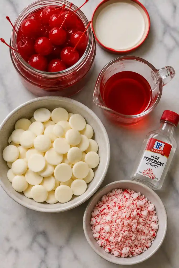 Alcohol-free Christmas Cherry Bombs coated with smooth white chocolate and finely crushed peppermint candies. Bright red maraschino cherries create a colorful contrast against the creamy white coating.
