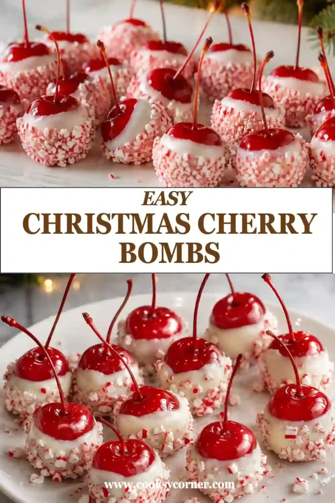 White chocolate cherry bombs featuring juicy stemmed maraschino cherries with a crunchy peppermint candy coating. The red cherries and snowy white chocolate create a festive Christmas dessert.