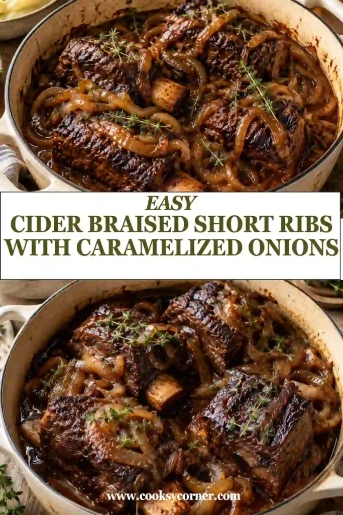 Braised beef short ribs served over creamy mashed potatoes with caramelized onions and apple cider pan sauce. The beef is dark, tender, and coated in rich braising juices.