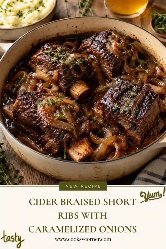 Tender apple cider short ribs braised with golden onions, carrots, garlic, and fresh thyme. The beef is served in a glossy, savory-sweet cider sauce.