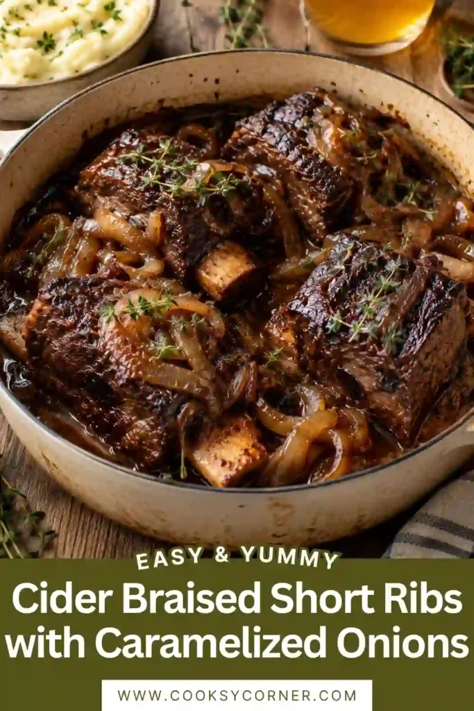Cider Braised Short Ribs served with caramelized onions, tender carrots, and a rich apple cider pan sauce. The slow-braised beef is deeply browned and fork-tender.