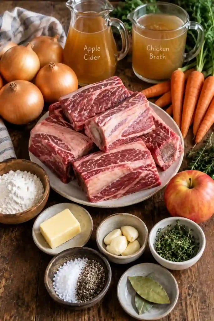 Oven braised short ribs surrounded by tender carrots and caramelized onions in a rich cider sauce. Fresh thyme adds color to this comforting slow-cooked beef dinner.