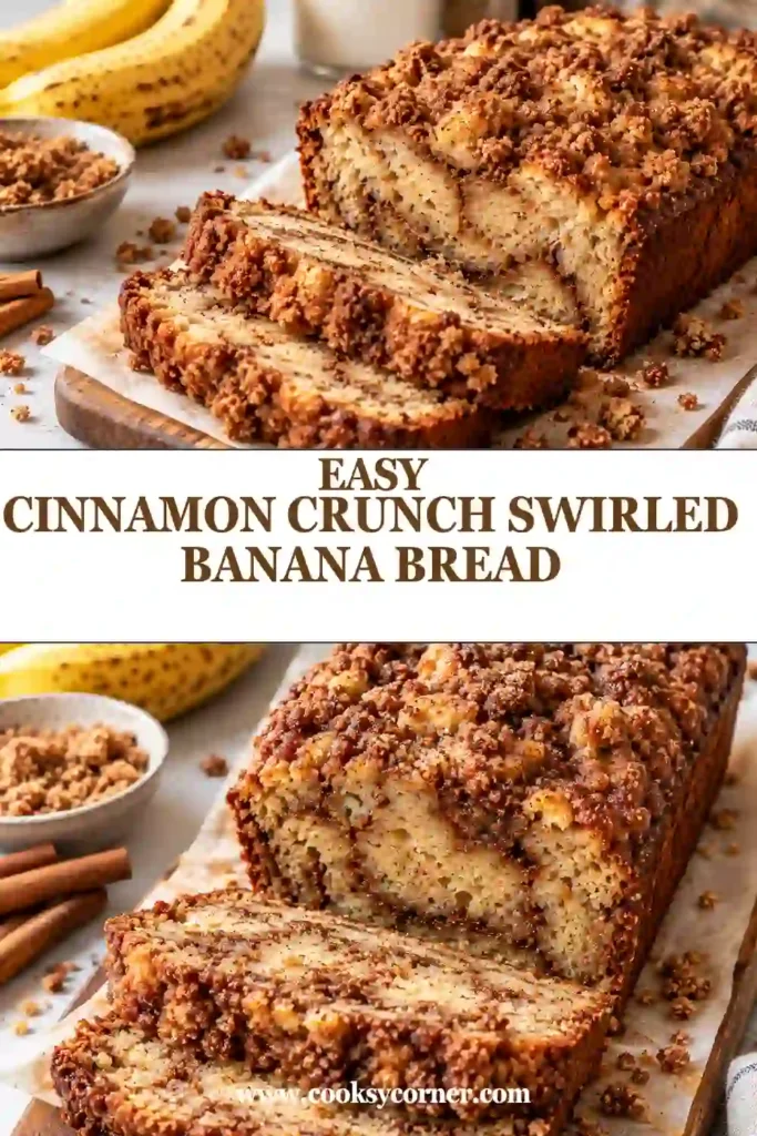 Moist cinnamon banana bread with a crunchy brown sugar topping and cinnamon swirl. Several thick slices show the soft banana crumb and caramelized cinnamon layers.