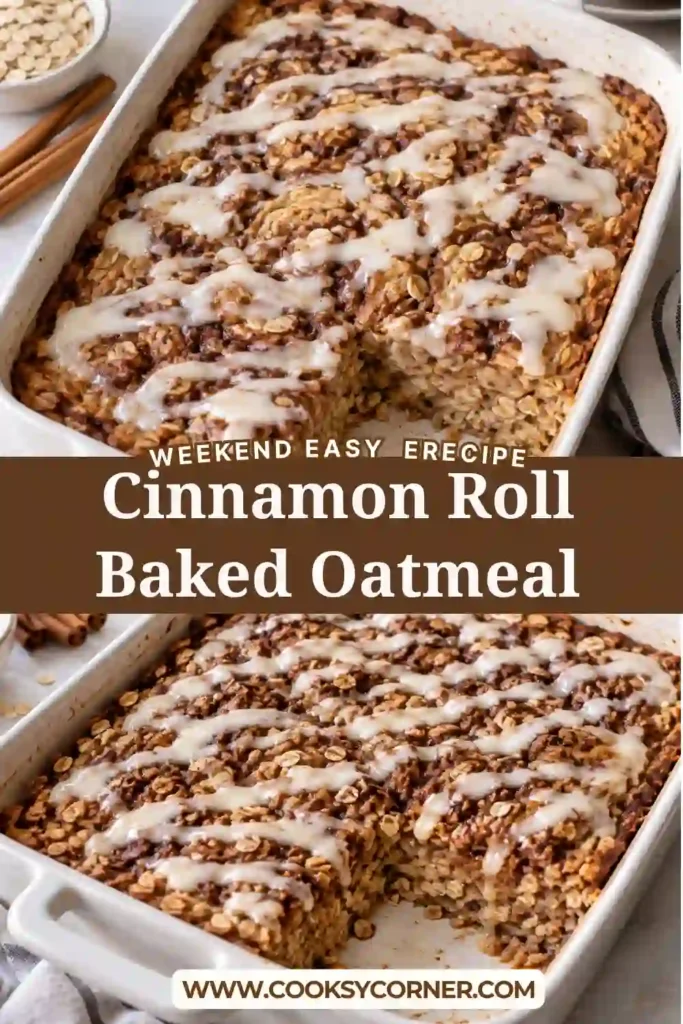 Homemade cinnamon roll oatmeal with soft banana oats, a rich cinnamon swirl, and creamy vanilla icing. This vegan baked oatmeal is served warm in thick, golden squares.