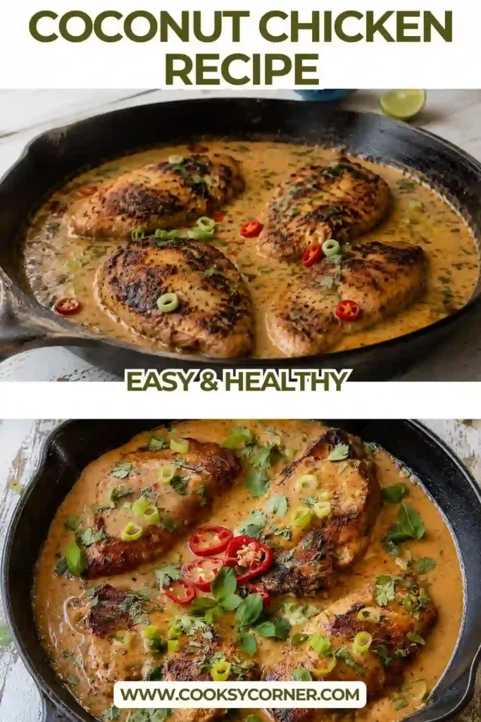 Coconut milk chicken served in a rich sauce flavored with honey, lime, ginger, garlic, and sweet chili sauce. The golden chicken is garnished with fresh herbs and served alongside fluffy rice.