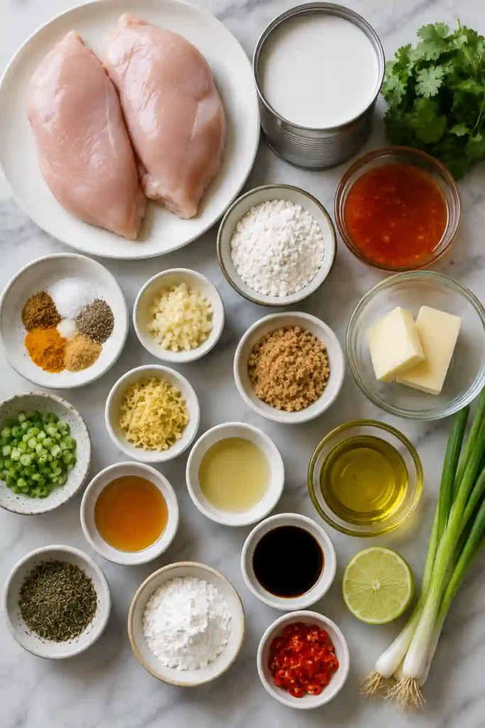 Easy coconut chicken skillet with browned chicken fillets simmered in creamy coconut milk, sweet chili sauce, and fresh lime. Cilantro and sliced green onions finish the colorful chicken dinner.