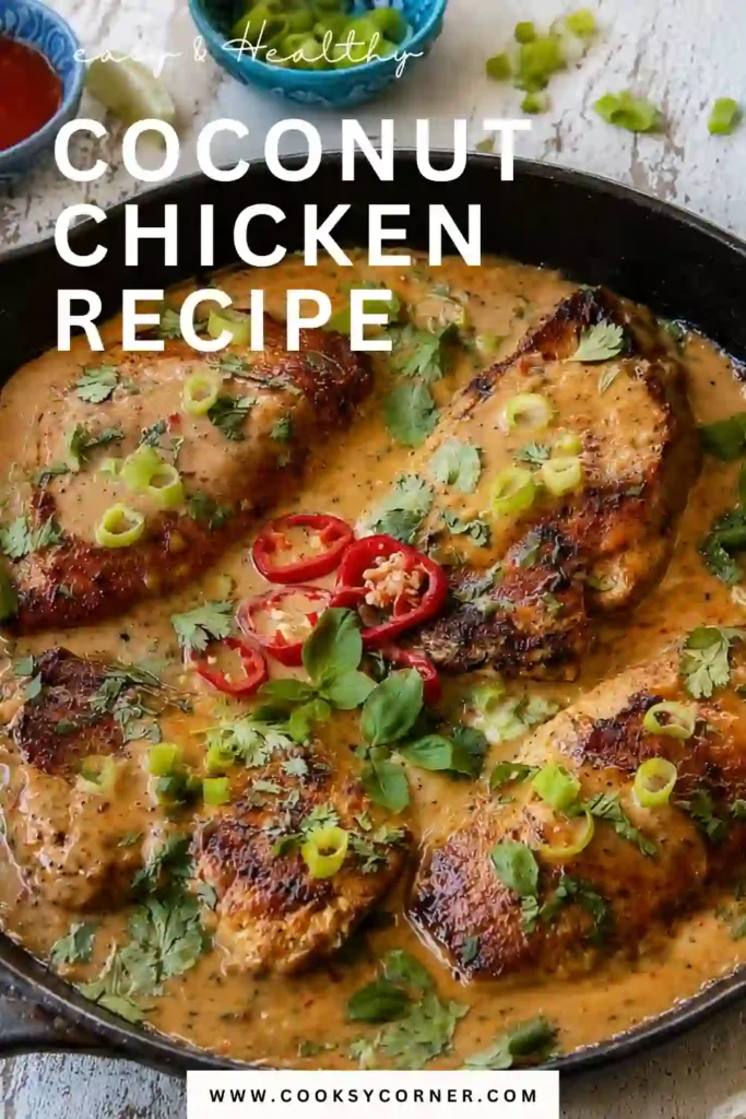 Coconut Chicken Recipe featuring golden pan-seared chicken fillets in a creamy coconut milk sauce with lime, ginger, garlic, and sweet chili sauce. Fresh cilantro, green onions, and sliced peppers garnish the skillet.