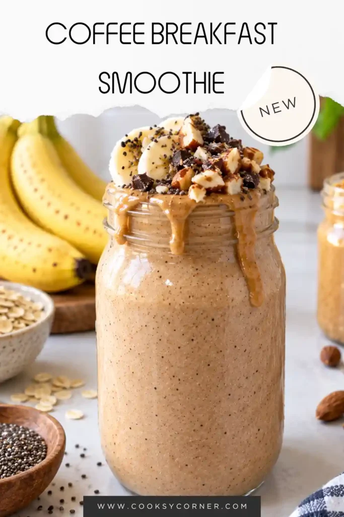 Healthy coffee smoothie served cold with a rich, creamy texture. Frozen banana and almond butter create a satisfying base with coffee and cocoa flavors.