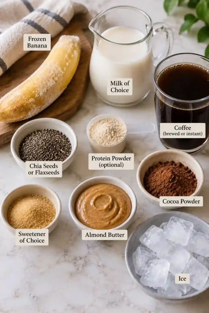 Thick Coffee Breakfast Smoothie made with banana, milk, coffee, chia seeds, cocoa powder, and almond butter. A simple blended breakfast drink with a creamy consistency.