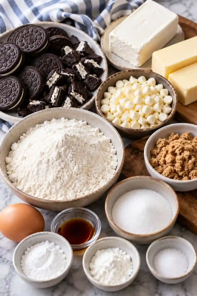 Homemade white chocolate Oreo cookies packed with chocolate sandwich cookie pieces and creamy white chocolate chips. The thick cookies have soft centers and lightly browned edges.