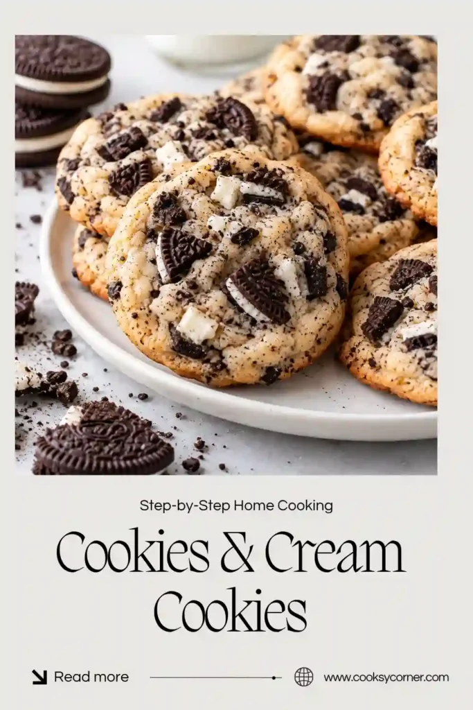 Freshly baked Cookies & Cream Cookies made with cream cheese, white chocolate chips, and chunks of chocolate sandwich cookies. The cookies are thick and soft with visible Oreo pieces throughout.