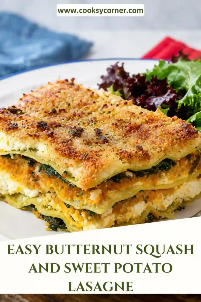Creamy sweet potato lasagne with layers of butternut squash, spinach, ricotta cheese, and pasta. Fresh herbs, toasted pine nuts, and a golden Parmesan crust complete the comforting vegetarian dinner.