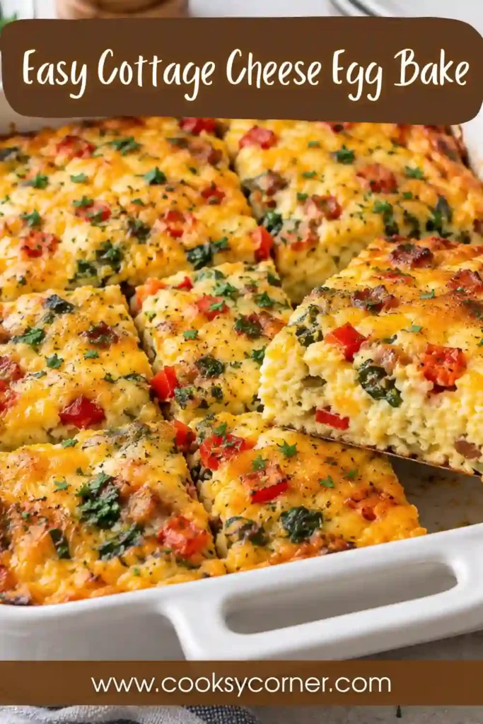 High protein egg bake with creamy cottage cheese, chopped spinach, onion, and Parmesan. The baked egg casserole has a tender center with a lightly golden surface.