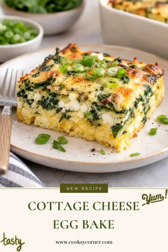 A slice of high protein egg bake filled with cottage cheese, fresh spinach, Parmesan, and onion. The easy breakfast casserole has a tender center and lightly browned top.