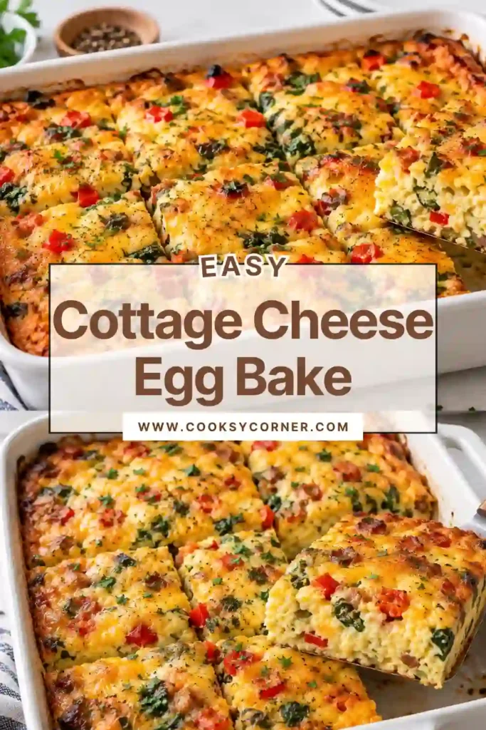 Freshly baked cottage cheese breakfast casserole made with eggs, spinach, onion, and Parmesan cheese. The savory egg bake is sliced into thick portions for an easy high protein breakfast.