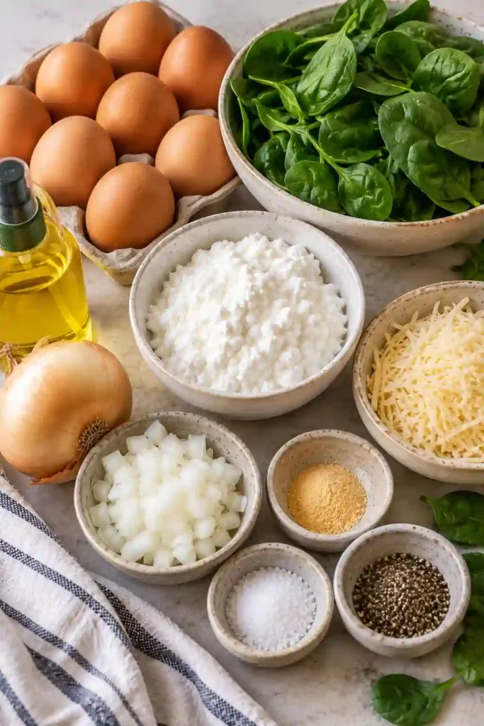 A warm slice of Cottage Cheese Egg Bake filled with fresh spinach and savory cheese. Eggs and cottage cheese create a fluffy, protein-rich breakfast casserole that's ideal for meal prep.