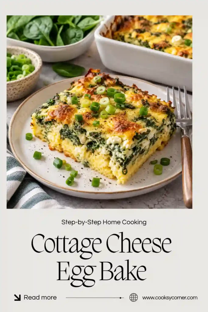 2. Freshly baked Cottage Cheese Egg Bake with spinach and Parmesan served warm from a baking dish. This savory cottage cheese breakfast has golden edges and a soft, cheesy center.