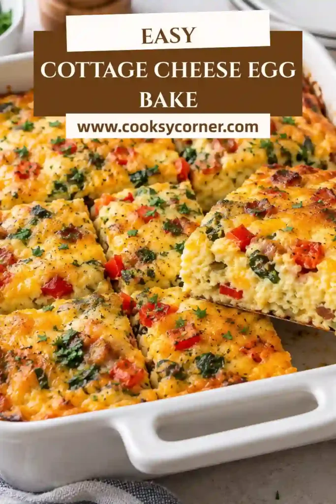 Cottage Cheese Egg Bake sliced into squares with visible spinach, Parmesan, and tender baked eggs. This easy high protein breakfast casserole has a fluffy, creamy texture and lightly golden top.