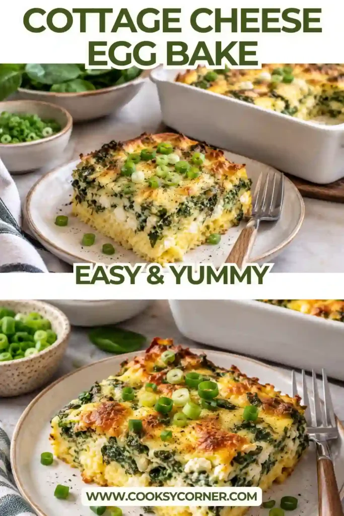 1. Cottage Cheese Egg Bake made with fluffy eggs, creamy cottage cheese, spinach, Parmesan, and onion. The golden baked casserole is sliced into squares for an easy high-protein breakfast.