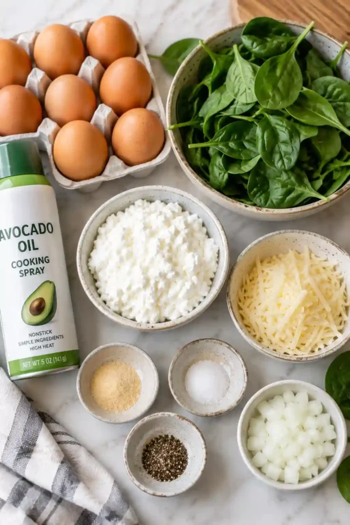 Homemade spinach egg casserole prepared with eggs, cottage cheese, Parmesan, and fresh vegetables. The baked breakfast is cut into individual portions for easy meal prep.