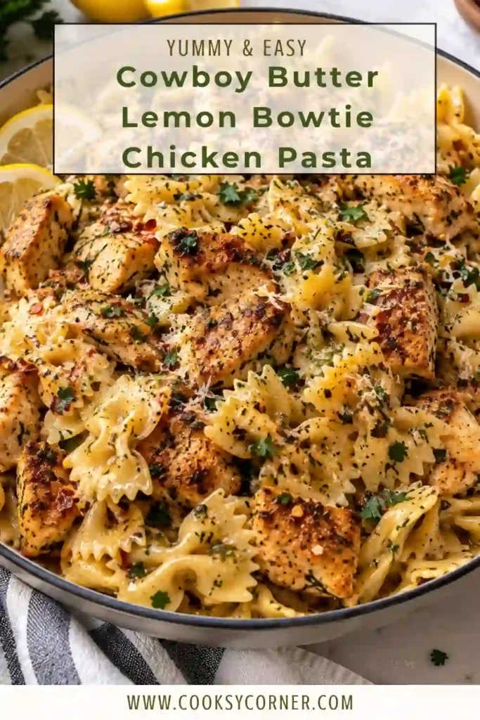 Cowboy butter chicken pasta featuring sliced golden chicken over bowtie pasta with fresh lemon, garlic, parsley, and Parmesan. The buttery sauce lightly coats each piece of farfalle.