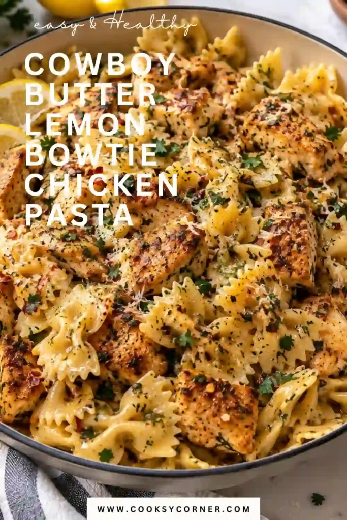 Cowboy Butter Lemon Bowtie Chicken served with golden sliced chicken and tender farfalle coated in a buttery garlic lemon sauce. Fresh parsley and grated Parmesan finish the pasta.