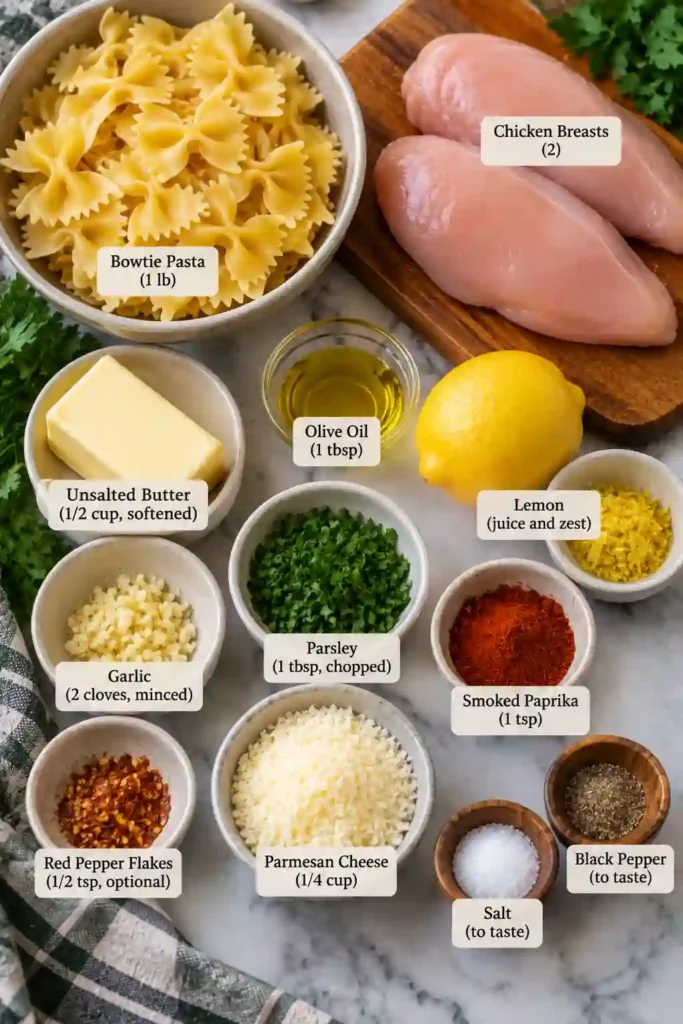 Garlic butter chicken pasta made with juicy sliced chicken and bowtie pasta in a lemon cowboy butter sauce. Parmesan, parsley, and red pepper flakes add color and savory flavor.