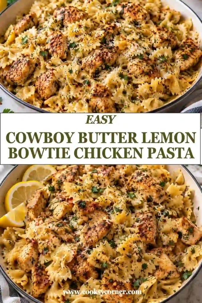 Lemon bowtie chicken pasta with juicy chicken breast, farfalle, garlic butter sauce, Parmesan, and fresh parsley. The pasta is coated in a glossy cowboy butter sauce with smoked paprika.