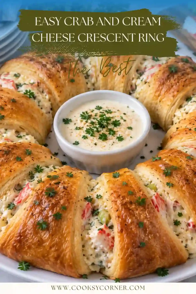 Homemade crab crescent ring with golden pastry and creamy seafood filling. The easy crab appetizer features cream cheese, chopped crab, and fresh green onions wrapped in crescent dough.