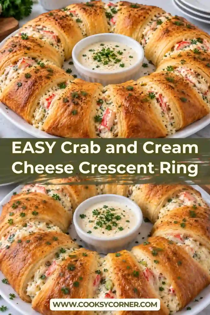 Freshly baked Crab and Cream Cheese Crescent Ring arranged on a serving platter. The flaky crescent roll appetizer surrounds a rich and savory cream cheese crab filling.