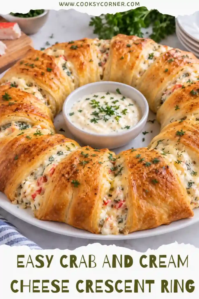 Golden Crab and Cream Cheese Crescent Ring filled with creamy crab meat, cream cheese, and green onions. This easy crab appetizer is baked until the crescent roll dough is flaky and golden.