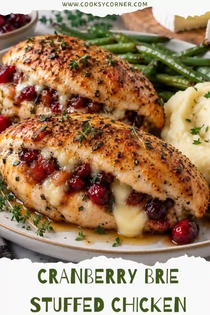 3. Baked stuffed chicken breast with melted Brie, dried cranberries, and spinach arranged on a serving plate. The chicken is golden outside with a creamy, colorful center.