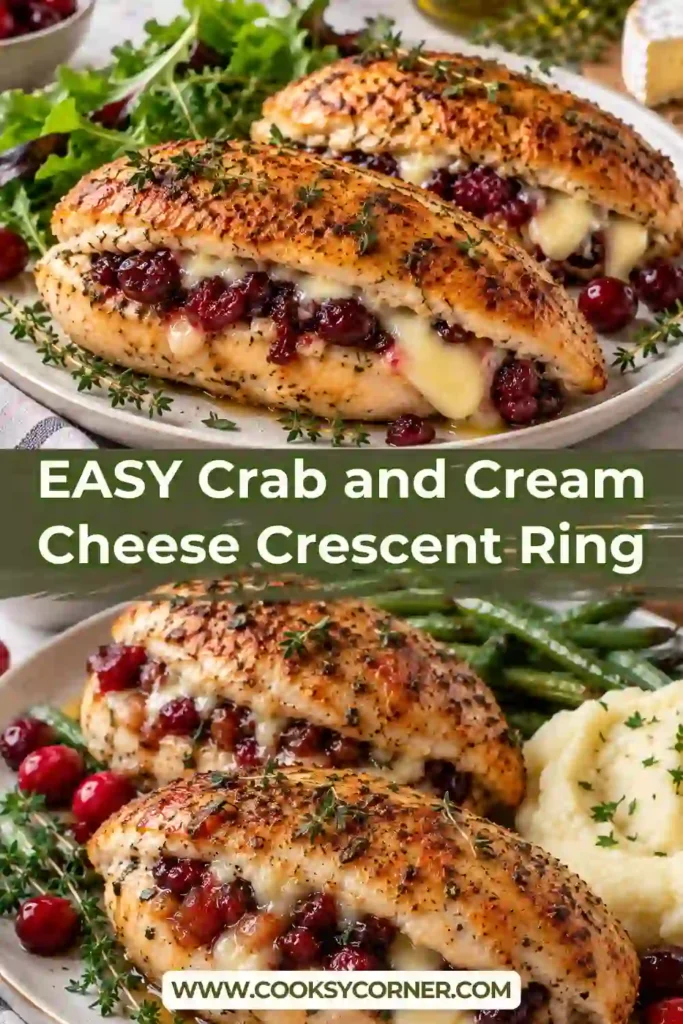 2. Juicy baked Cranberry Brie Stuffed Chicken filled with spinach, creamy cheese, and sweet dried cranberries. The sliced chicken breast displays the rich filling inside.