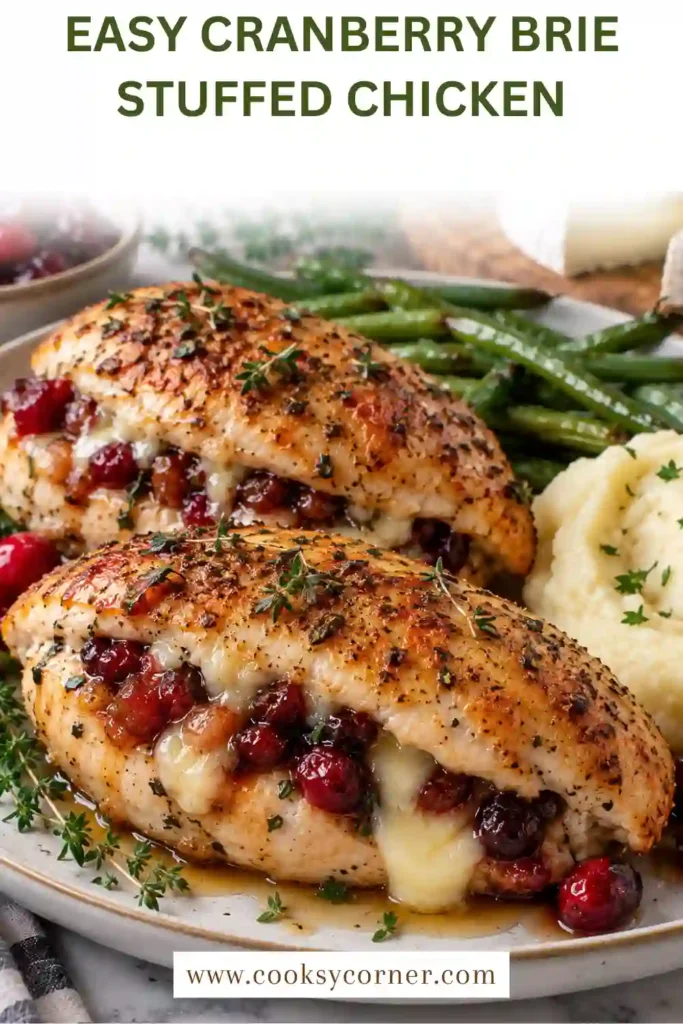 1. Cranberry Brie Stuffed Chicken sliced to reveal creamy melted Brie, dried cranberries, and fresh spinach. The golden baked stuffed chicken breast has a colorful sweet and savory center.
