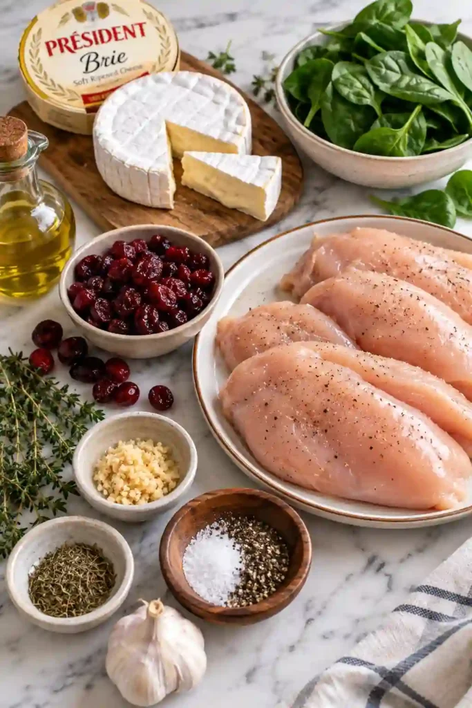 4. Spinach and brie chicken stuffed with sweet-tart dried cranberries and baked until tender. Sliced chicken reveals layers of creamy Brie and vibrant cranberry filling.