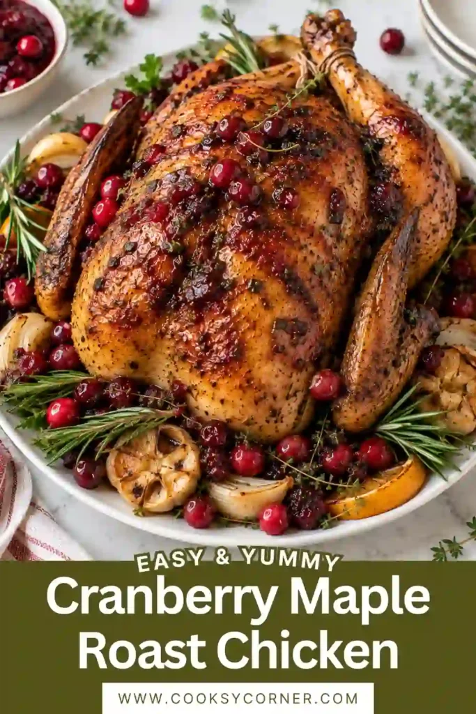 Golden Cranberry Maple Roast Chicken coated in a sweet-tart maple cranberry glaze. This festive holiday roast chicken is served with cranberries, citrus, onions, and aromatic herbs.