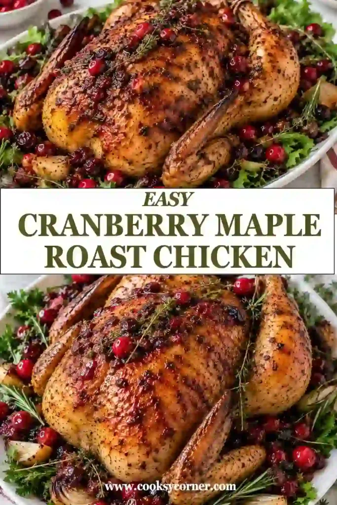 Maple glazed roast chicken with crispy golden skin, whole cranberries, lemon, and herbs. The rich cranberry glaze gives the roasted chicken a glossy, festive finish.