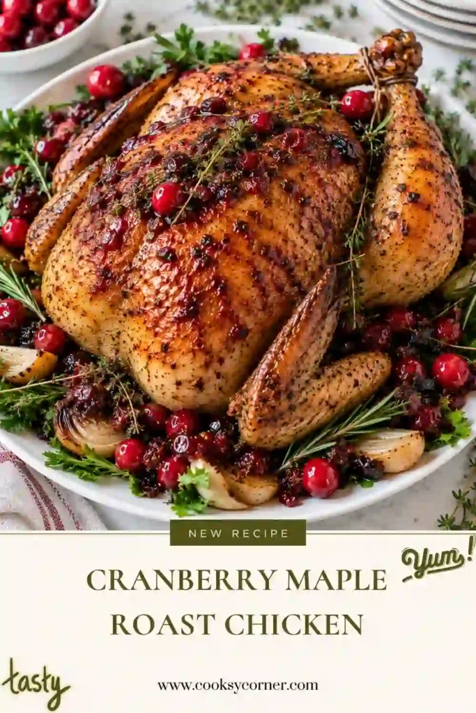 Cranberry Maple Roast Chicken with golden herb-butter skin and a glossy cranberry maple glaze. The whole roasted chicken is surrounded by bright cranberries, roasted onions, lemon, and fresh herbs.