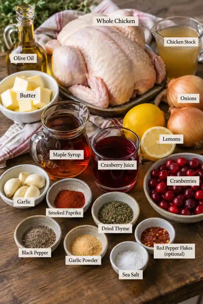 Whole roasted chicken topped with a glossy maple cranberry sauce and surrounded by roasted cranberries and onions. This cranberry chicken recipe creates a colorful holiday dinner centerpiece.