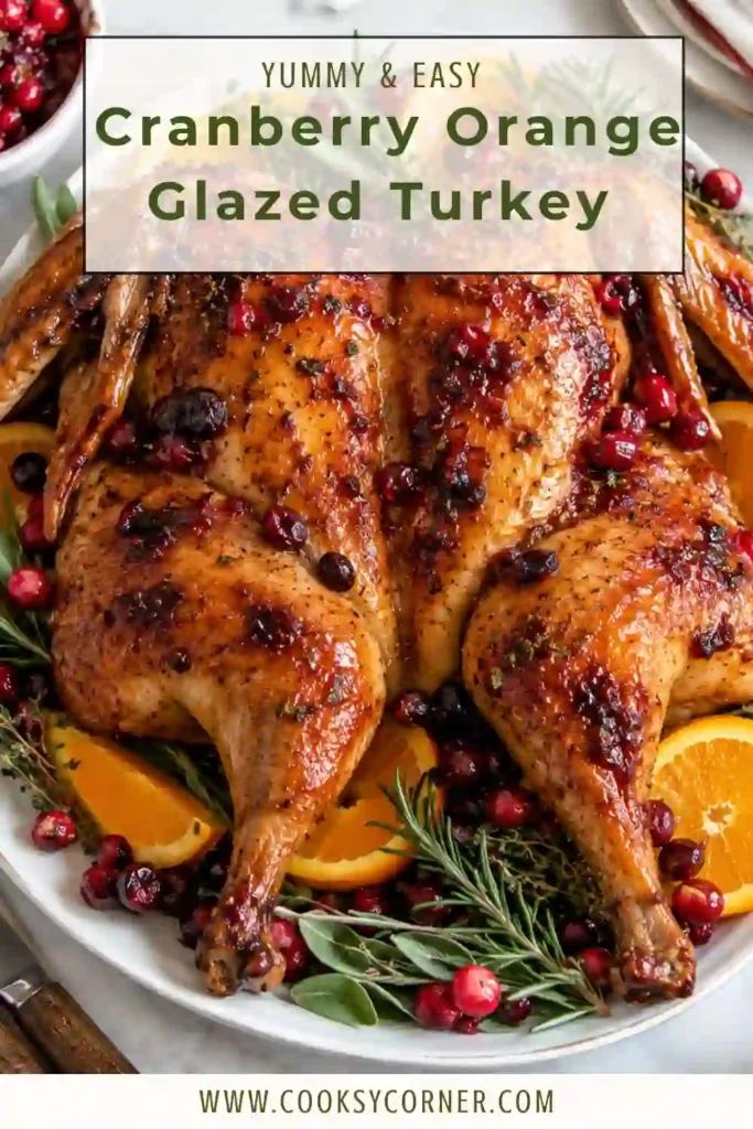 Cranberry orange turkey with caramelized golden skin brushed with a sweet-tart fruit glaze. Fresh cranberries, citrus wedges, and rosemary create a colorful holiday presentation.