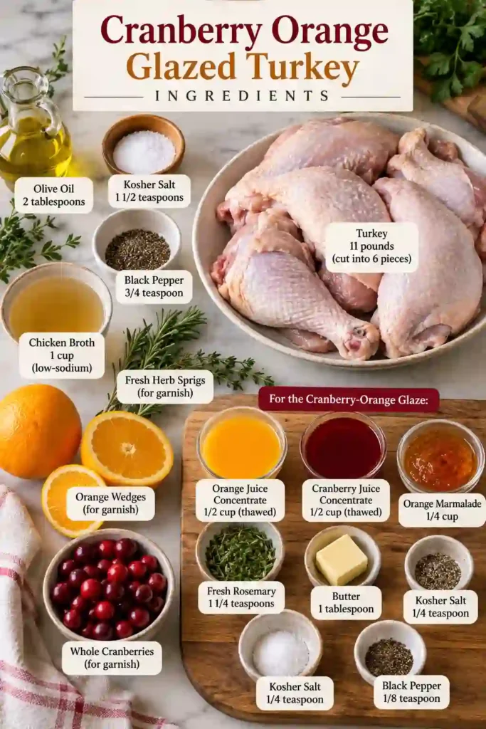 Holiday turkey recipe featuring roasted turkey coated in cranberry orange glaze and served with fresh seasonal garnishes. The glossy turkey is surrounded by cranberries, oranges, and green herbs.