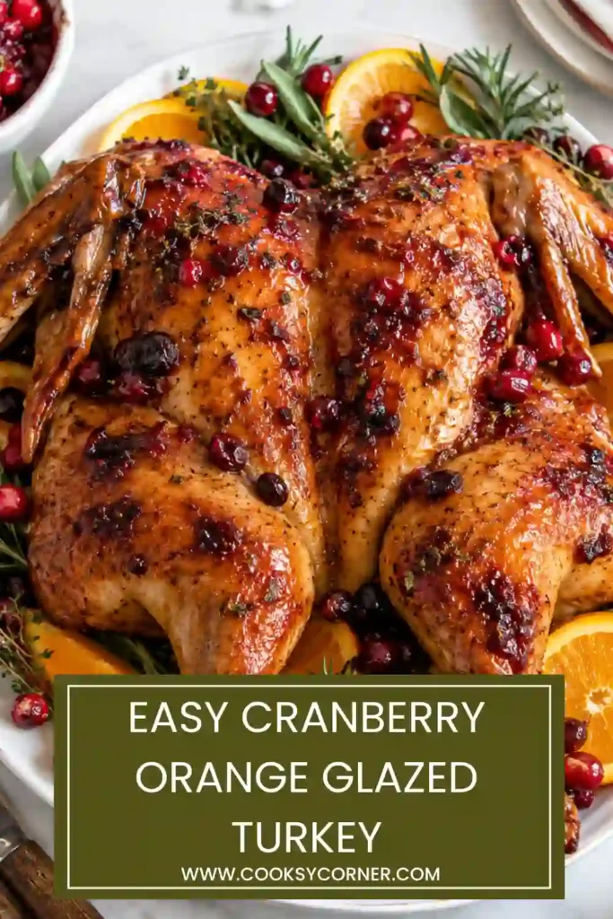 Roasted turkey with cranberry glaze arranged on a festive serving platter. The turkey is garnished with bright orange wedges, whole cranberries, and fresh herb sprigs.